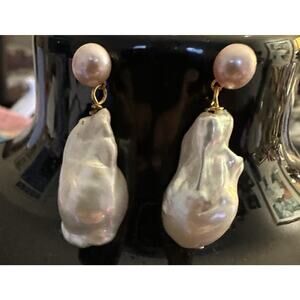 Real Natural White Pink Freshwater Baroque Pearl Dangle Gold Stud Earrings